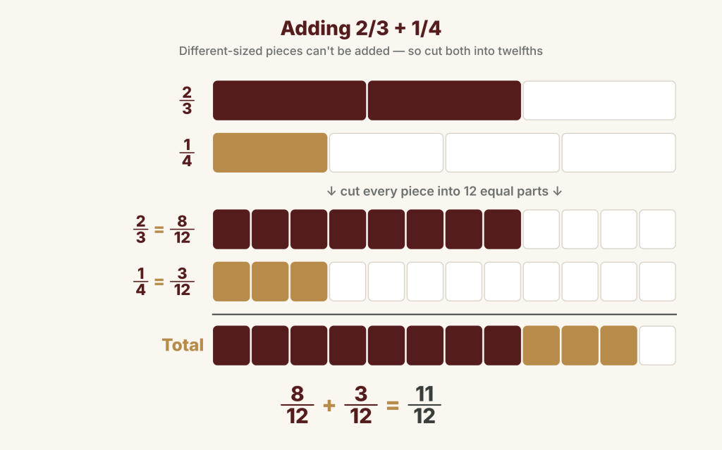 Bars showing 2/3 and 1/4, then the same amounts cut into twelfths as 8/12 and 3/12, combined into a total bar of 11/12: 8/12 + 3/12 = 11/12